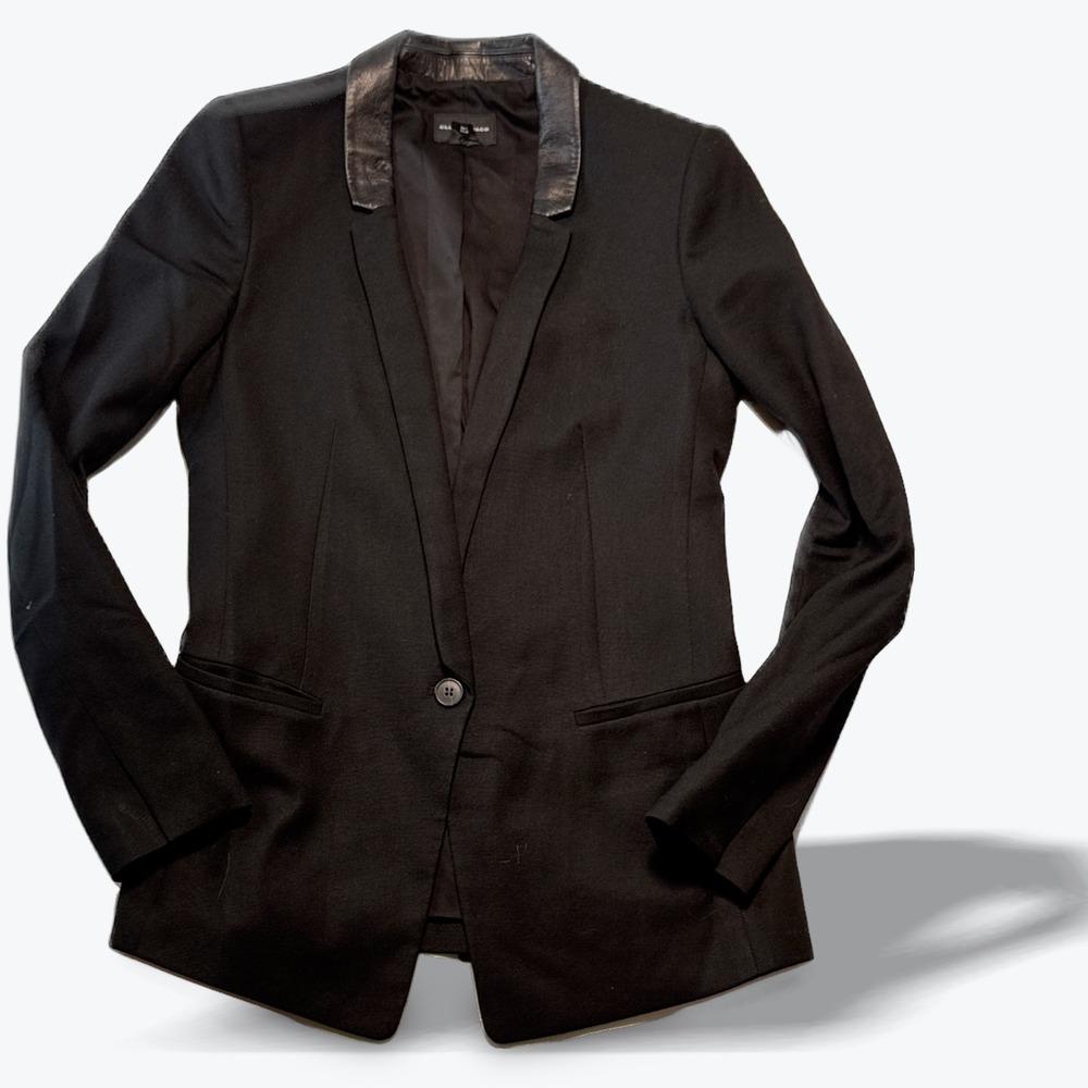Club Monaco Blazer Lamb Leather Collar Black Wool Blend Italian Size 2 XS